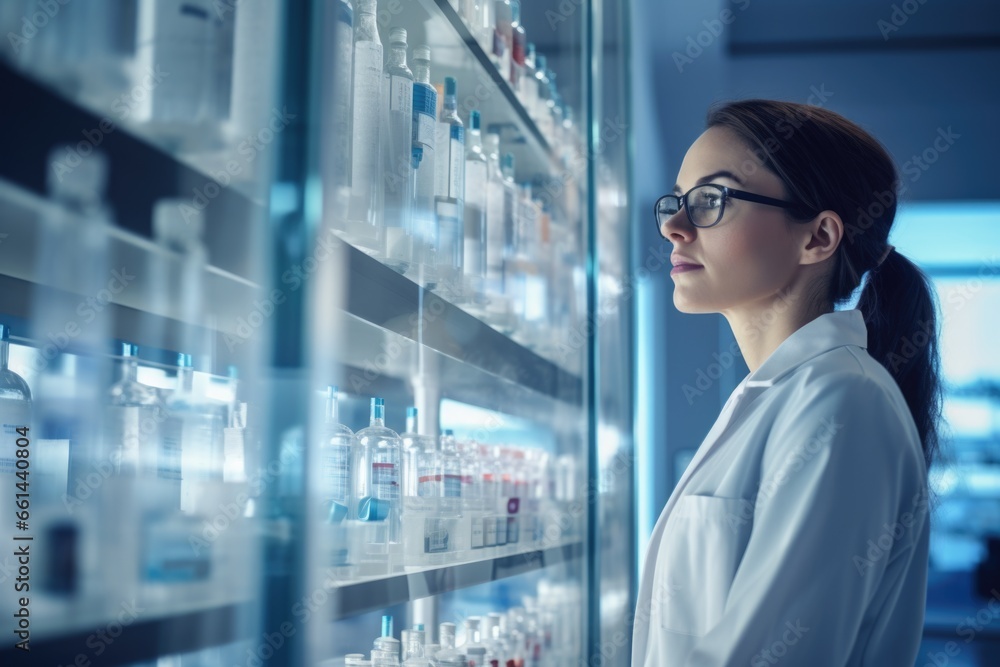 Poster a woman wearing a lab coat is carefully examining various bottles. this image can be used to illustr