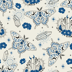 Seamless blue pattern with space butterfly, crystals, herbs, stars. Contemporary composition. Trendy texture for print, textile, packaging.