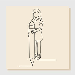 Continuous single line sketch drawing art business woman standing hold big pencil. Vector illustration one line concept of business growth success