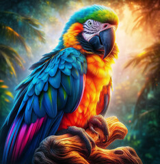 Obraz premium A colorful parrot sitting on top of a tree branch, blue and yellow macaw ara, AI generated