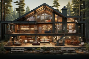 Modern cabin in the woods cross-section with a rustic interior, log beams, and a stone fireplace in...