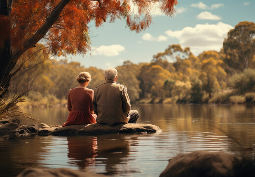 Couple sitting on the shore of lake