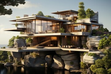 Fototapeta na wymiar Modern cliffside home's cross-section with cantilevered architecture, breathtaking cliff views, and a suspended swimming pool, Generative AI