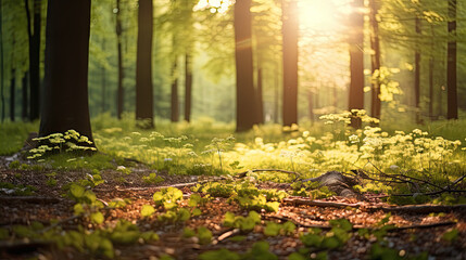 Springtime forest with setting sun shining through leaves and branches. Nature, forestry, habitat, environment and sustainability concepts