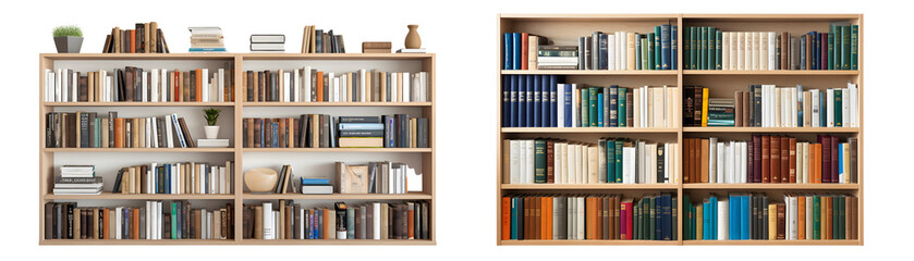 set of wooden book shelve with alot of books in it - obrazy, fototapety, plakaty