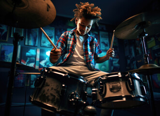 Fototapeta premium A young musician pours his heart and soul into his drumming, the beat echoing through the intimate room as he prepares for his next concert