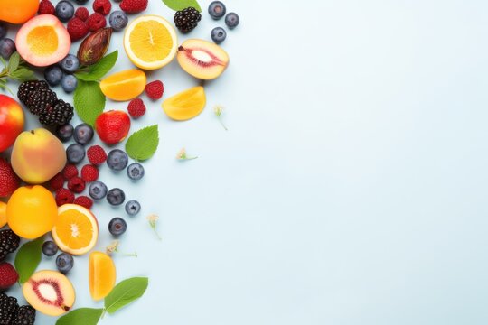 Various fruit and berries with copy space. Summer vitamin food concept