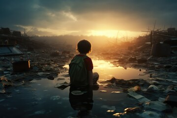 Little girl on the polluted ocean at sunset, pollution of the environment