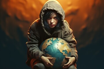 Naklejka premium Children hold the future: a, asian sad kid carrying the world