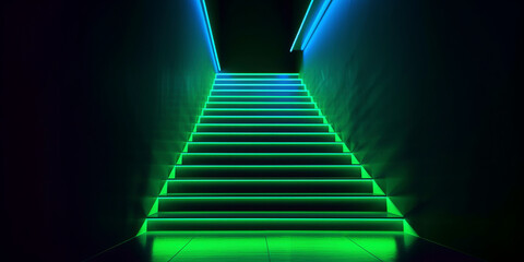 A staircase in neon green bright colors with black background rising from bottom to top