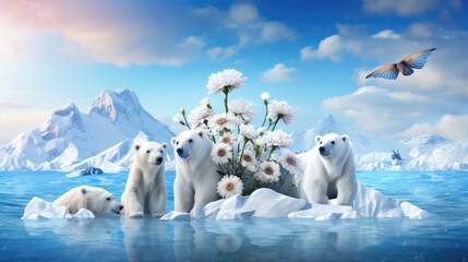 Illustration of four white bears on the last iceberg covered with white flowers symbolizing danger of global warming and climate change awareness for species endangered in environmental crisis