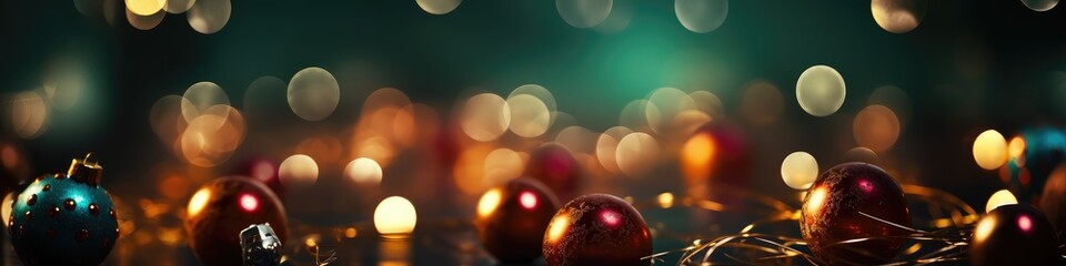 Christmas background with colorful baubles and bokeh lights.