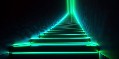 A staircase in neon green bright colors with black background rising from bottom to top - obrazy, fototapety, plakaty