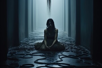 Woman sitting on the floor in a dark room.  Girl in depression: dark room with moving floors. Mental Health concept. 