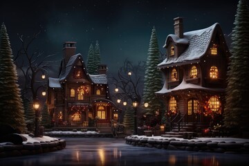 Fototapeta na wymiar Christmas and New Year holidays background. Winter landscape with cozy wooden houses and trees at night.