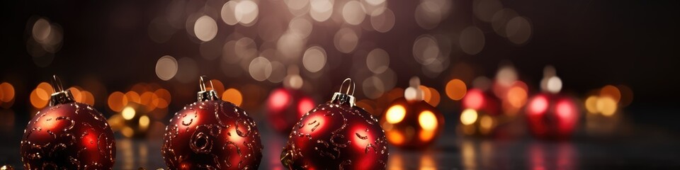 Fototapeta premium Red christmas baubles on bokeh background, banner