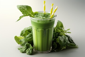 Disposable cup with a green smoothie, fresh spinach leaves, and a straw, Generative AI