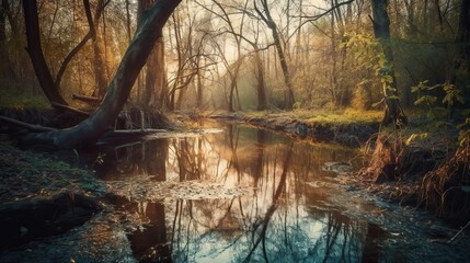 Obraz premium Enchanting Nature's Symphony: Captivating Waterways and Serene Woodlands Embracing the Seasons, generative AI