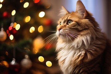 The cat is sitting near the Christmas tree close up with copy space