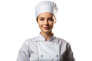 portrait of a attractive young female chef in chef's hat and jacket, png isolated on white background