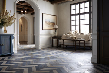 Fototapeta premium The cozy living room features a stylish coffee table, vibrant houseplant, and elegant cabinetry against the backdrop of tiled flooring and a grand ceiling, creating a warm and inviting indoor space