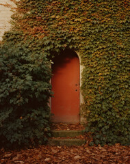 Old wooden door overgrown with ivy 