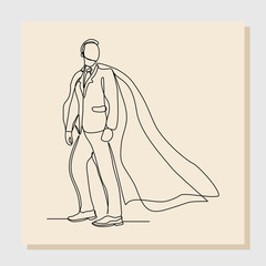 Continuous single line sketch drawing of standing business super hero man. Vector illustration one line concept of power employee, success achievement, business hero leader