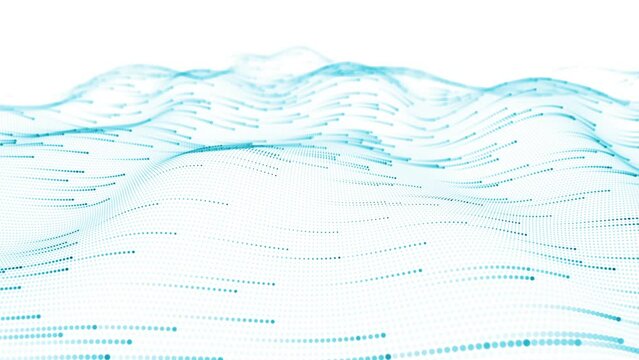 Data flow in the ocean of information. Light blue dots fly in waves on a white background. looped. Data flow visualization