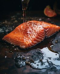 A fresh piece of salmon sizzles in a pool of bubbling water, perfectly poised for a mouth-watering sushi creation in the cozy confines of an indoor kitchen