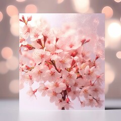 Blank card with cherry blossom branch on bokeh background