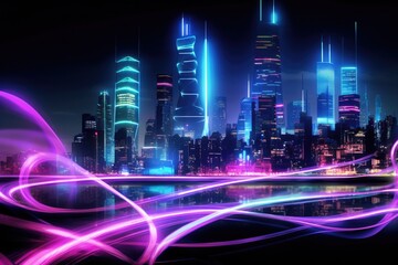 A cybernetic metropolis showcasing towering skyscrapers adorned with luminescent designs against the night.