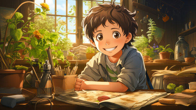 Manga boy observing sprouting plant in classroom with biology textbook.