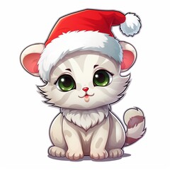 Kawaii cute cat in Santa hat at Christmas