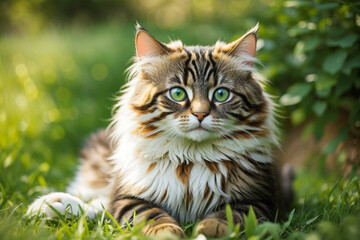 Naklejka na ściany i meble The cat looks to the side and sits on a green lawn. Portrait of a fluffy tricolor cat with green eyes in nature