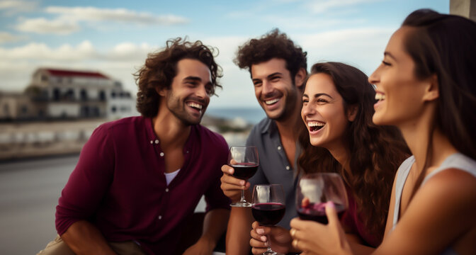 Group of people or friends drinking wine from wine glasses and laughing together - theme socializing, alcohol and celebrating