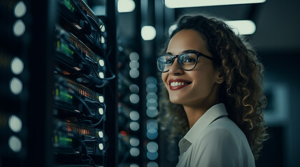 Portrait of a young business woman working diligently in a data center. Digital world in female professional hands.