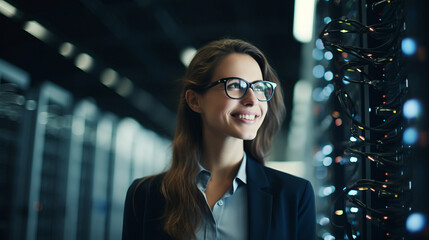 Portrait of a young business woman working diligently in a data center. Digital world in female professional hands.