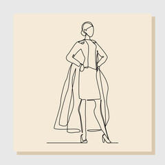 Continuous single line sketch drawing of standing business super hero woman. Vector illustration one line concept of power employee, success achievement, business hero leader