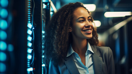 Portrait of a young business woman working diligently in a data center. Digital world in female professional hands.