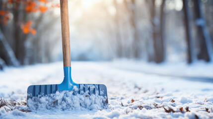 Person with a snow shovel to clear a driveway on cold winter day