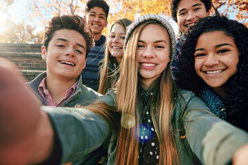 Selfie, happiness or portrait of friends in park for social media, online post or profile picture together. Boy, diversity or gen z girls with smile for photo for a fun holiday vacation to relax - obrazy, fototapety, plakaty