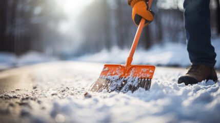 Person with a snow shovel to clear a driveway on cold winter day - Powered by Adobe