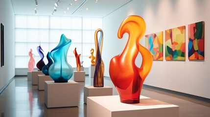 Modern art exhibition with expositions of futuristic abstract sculpture in fine art gallery museum...