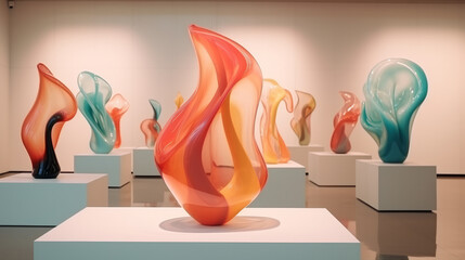 Modern art exhibition with expositions of futuristic abstract sculpture in fine art gallery museum with vibrant colors