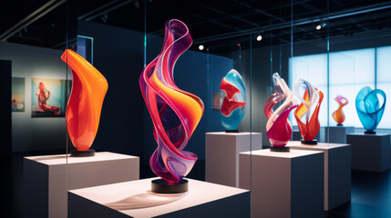 Modern art exhibition with expositions of futuristic abstract sculpture in fine art gallery museum with vibrant colors - obrazy, fototapety, plakaty