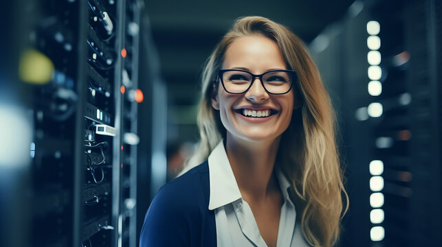 Portrait of a young business woman working diligently in a data center. Digital world in female professional hands.