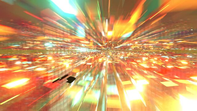 seamless looping animation of fast flying through in the so many sci-fi luster golden cubes and rust abstract cubes.