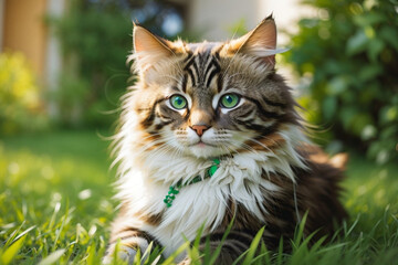 Naklejka na ściany i meble The cat looks to the side and sits on a green lawn. Portrait of a fluffy tricolor cat with green eyes in nature