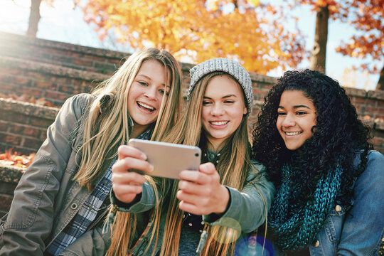 Selfie, happy or girl friends in park for social media, online post or profile picture together in autumn. Relax, diversity or gen z girls with smile for photo on a fun holiday vacation in nature