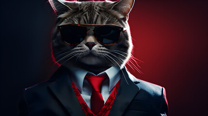 cat wearing black sunglasses and a blue suit with a tie